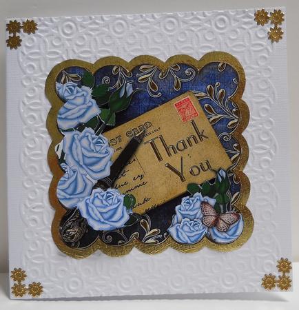 Blue Roses Thank You Scallop Postcard Step by Step by Yvonne Middleton