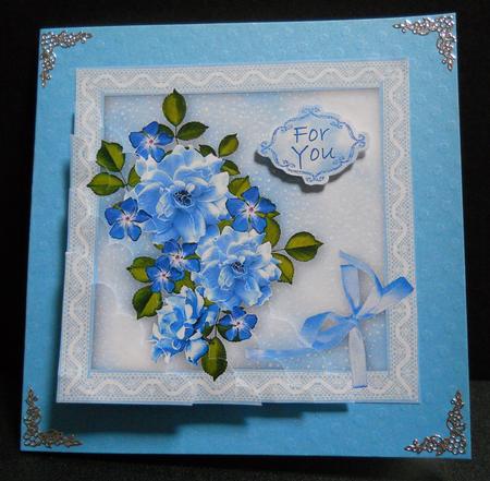 Blue Bouquet in Lace Framed Box - 5" Square with Stacker by Yvonne Middleton