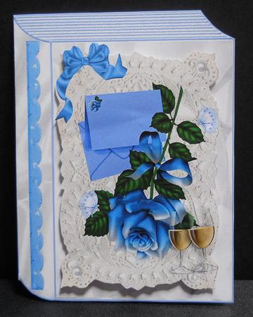 Blue Roses on Vintage Lace with Champers Folded Book by Yvonne Middleton