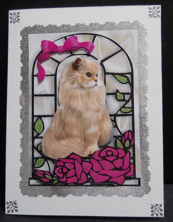 Fluffy Cat with Pink Roses in Window Frame by Yvonne Middleton