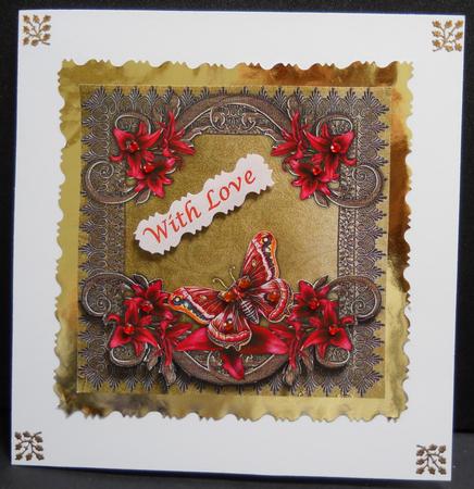 Red Lilies and Butterfly Approx 7 x 7 Card Front by Yvonne Middleton
