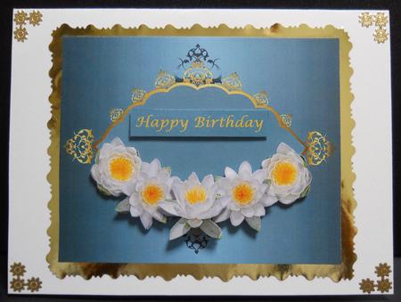 White Water Lilies on Blue and Gold Frame by Yvonne Middleton