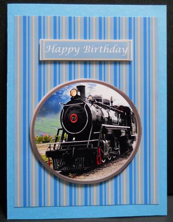 Steam Train on Blue Striped Background by Yvonne Middleton