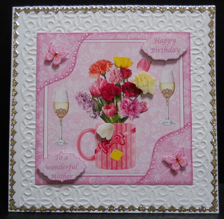 8x8ins Pink Flowers Mother Birthday Decoupage Card Front by Yvonne Middleton