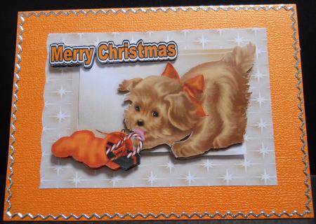 Cute Brown Puppy with Christmas Sack in Star Frame A4 by Yvonne Middleton