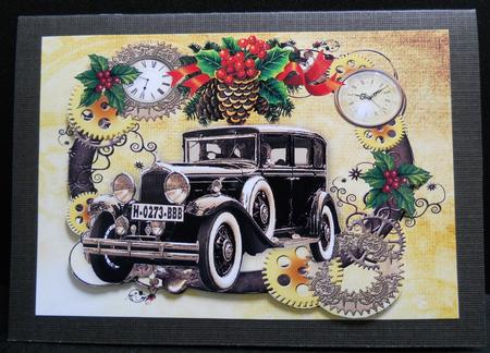 Christmas Holly in Clock Steampunk Frame with Vintage Car A4 by Yvonne Middleton