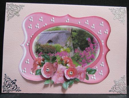 Thatched Cottage and Pink Roses Decoupage Topper by Yvonne Middleton