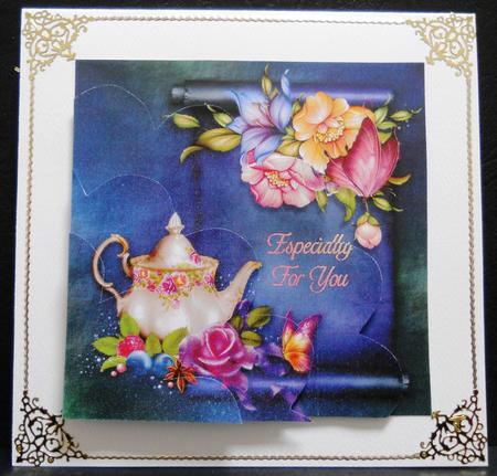 Teapot and Flowers Shell Edge Corner Stacker Card by Yvonne Middleton