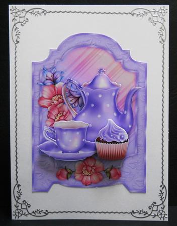 Teatime with Flowers in Blue Screen Card by Yvonne Middleton