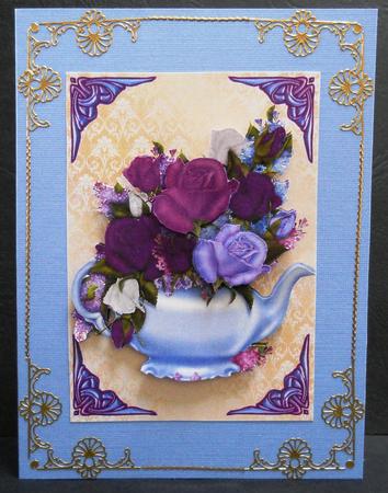 Heirloom Roses Bouquet in Blue Teapot by Yvonne Middleton
