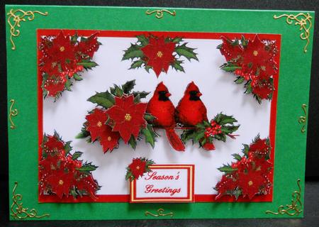 Poinsettias, Holly and Red Cardinal Birds with Decoupage by Yvonne Middleton