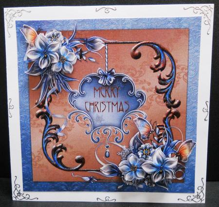 Christmas Winter Flowers 8x8 Decoupage Card - Blue & Brown by Yvonne Middleton