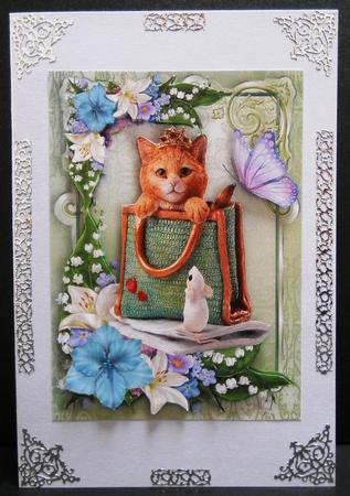 Cute Kitty in a Bag with Flowers and Butterflies A4 by Yvonne Middleton