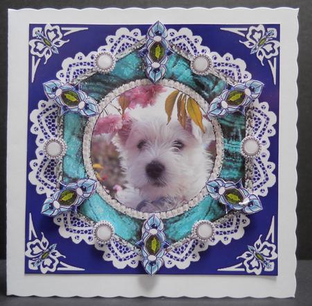 8 x 8 Vintage Lace Westie Puppy Dog Card Front on Blue by Yvonne Middleton