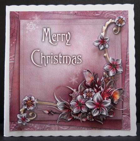 Merry Christmas Winter Flowers 8x8 Decoupage Card - Pink by Yvonne Middleton