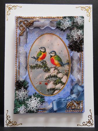 Christmas Blue Tits Snow 7x5in Spiral Wavy Edge Stacker by Yvonne Middleton