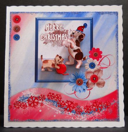 Dog & Cat Playing 8x8 Christmas Decoupage Card - Red & Blue by Yvonne Middleton