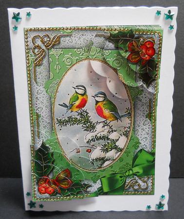Christmas Blue Tits Holly 7x5 Scalloped Duo Corner Stacker by Yvonne Middleton