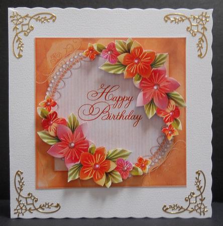 Peach Origami Flowers Happy Birthday by Yvonne Middleton