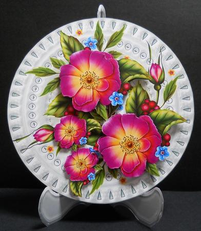 Ceramic White Plate and Stand Pink Roses by Yvonne Middleton