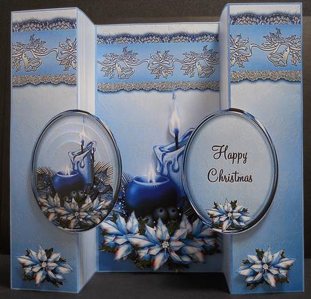 Christmas Candles and Poinsettia Blue No Holes Fold Card Kit by Yvonne Middleton