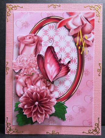 Pink Flowers and Butterfly Card Front by Yvonne Middleton