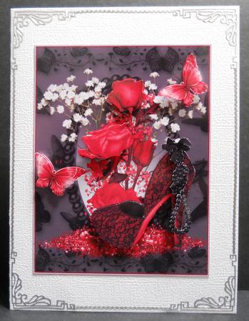 Gorgeous Designer Black and Red Lace Shoe Card Topper by Yvonne Middleton