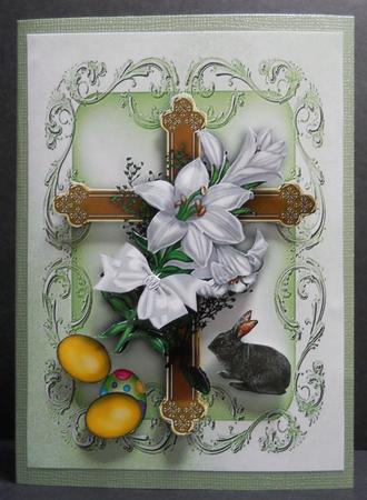 Gold Cross with Easter Eggs Lillies and a Cute Bunny by Yvonne Middleton