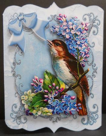 Pretty Song Bird with Lilac Flowers in Lace Frame by Yvonne Middleton