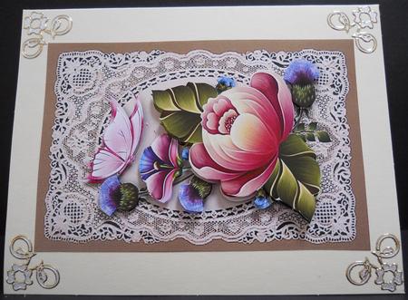 Pretty Flowers on Vintage Lace with Butterfly by Yvonne Middleton