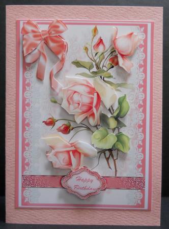 Victorian Blush Pink Roses on a Lace Panel by Yvonne Middleton
