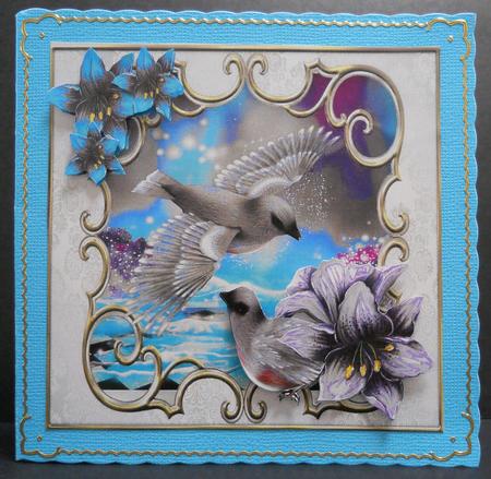 Pretty Birds in Silver with Fantasy Flowers 8x8 by Yvonne Middleton