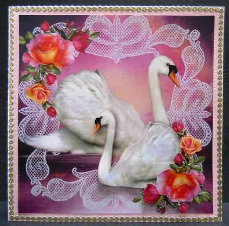 White Swans on Lace with Roses 8x8 by Yvonne Middleton