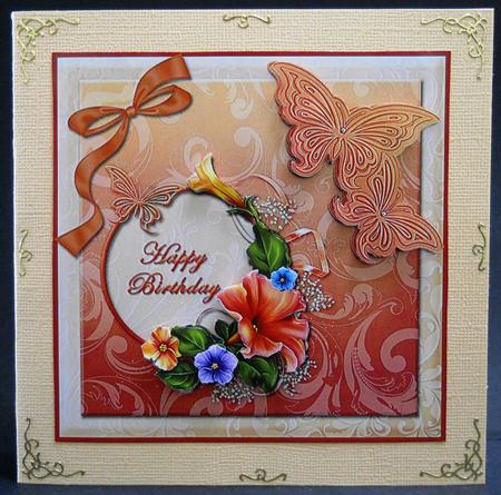 Petunias and Butterflies Large Birthday Card Front by Yvonne Middleton