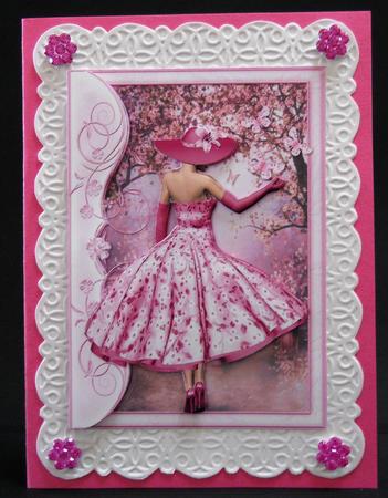 1950's Lady in Pink Catching Butterflies A4 Card Front by Yvonne Middleton
