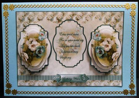 Pale Blue Pansy Panel Card with Toppers and Pyramid by Yvonne Middleton