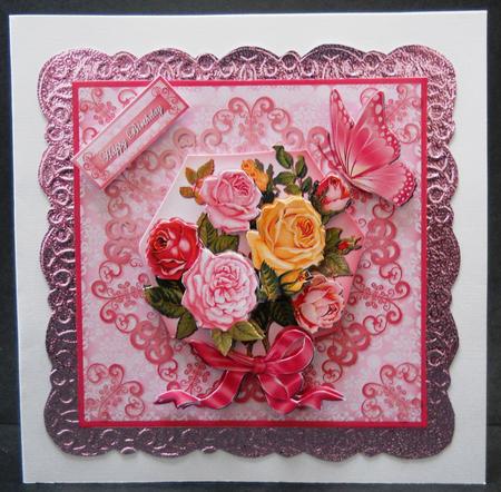 Colourful Vintage Roses on Damask Card Front by Yvonne Middleton