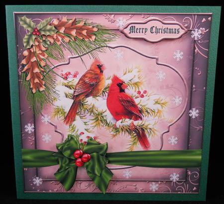 Cardinals with Green Ribbon Card Front by Yvonne Middleton