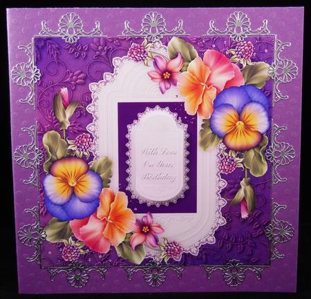 8 x 8 Pansies on Purple & Silver Card Topper by Yvonne Middleton