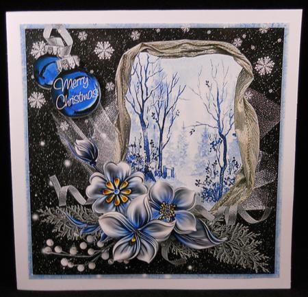 Winter Flowers & Snow Scene at Night in Blue 8x8inch by Yvonne Middleton