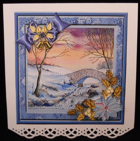 Bridge in Snow with Poinsettia and Gold Holly Decoupage by Yvonne Middleton