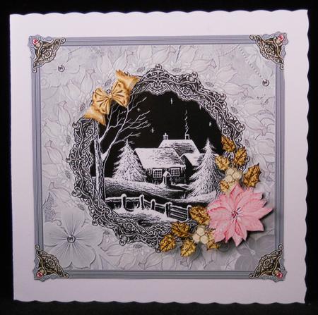 8x8 Black and White Christmas Cottage with Gold Holly by Yvonne Middleton
