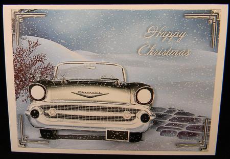Chevy in the Snow Christmas Card Front by Yvonne Middleton