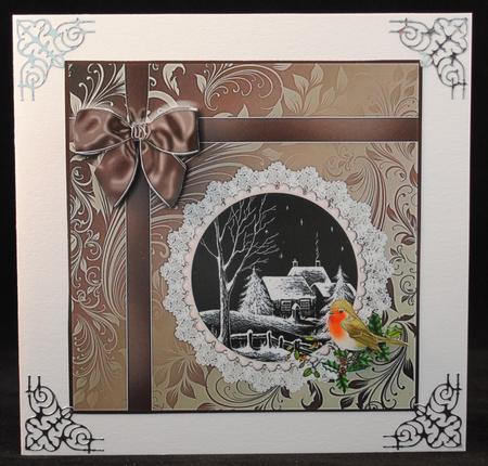 8x8 Black and White Cottages in Snow with Bow and Robin by Yvonne Middleton