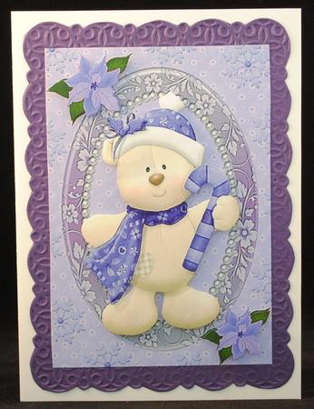 Lovely Teddy Bear with Lilac Scarf & Hat by Yvonne Middleton