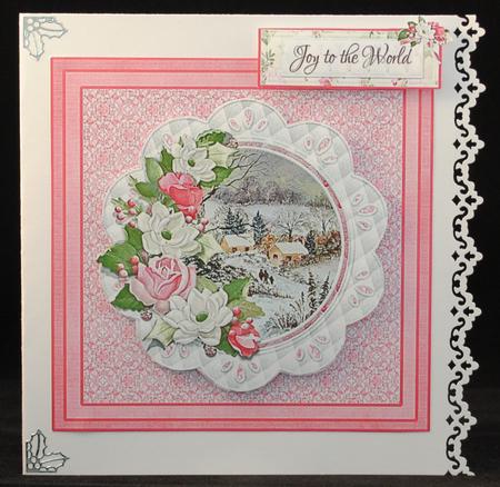 8x8 Winter Cottages Pink Christmas Card with Floral Frame by Yvonne Middleton
