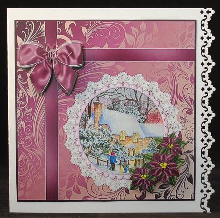 8x8 Cottage in Snow with Bow and Poinsettia Decoupage by Yvonne Middleton