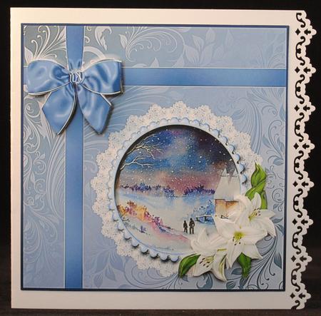 8x8 Oast Houses in Snow with Lilies and Bow Decoupage by Yvonne Middleton