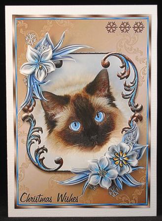 Christmas Wishes Cat A5 Decoupage Card Front - Blue & Brown by Yvonne Middleton