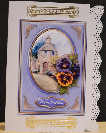 The Dovecote & Pansies Quick Card by Yvonne Middleton
